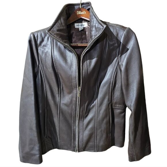 PRESTON & YORK Espresso Brown Leather Zip Jacket - Size Large - Picture 1 of 11